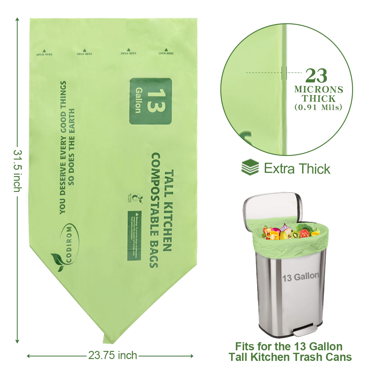 Codirom 100% Compostable Trash Bags, 13 Gallon, 49.2 Liter, 65 Count Kitchen Tall Food Scrap Waste Bags for Tall Kitchen Trash Cans with Europe EN13432 Certified