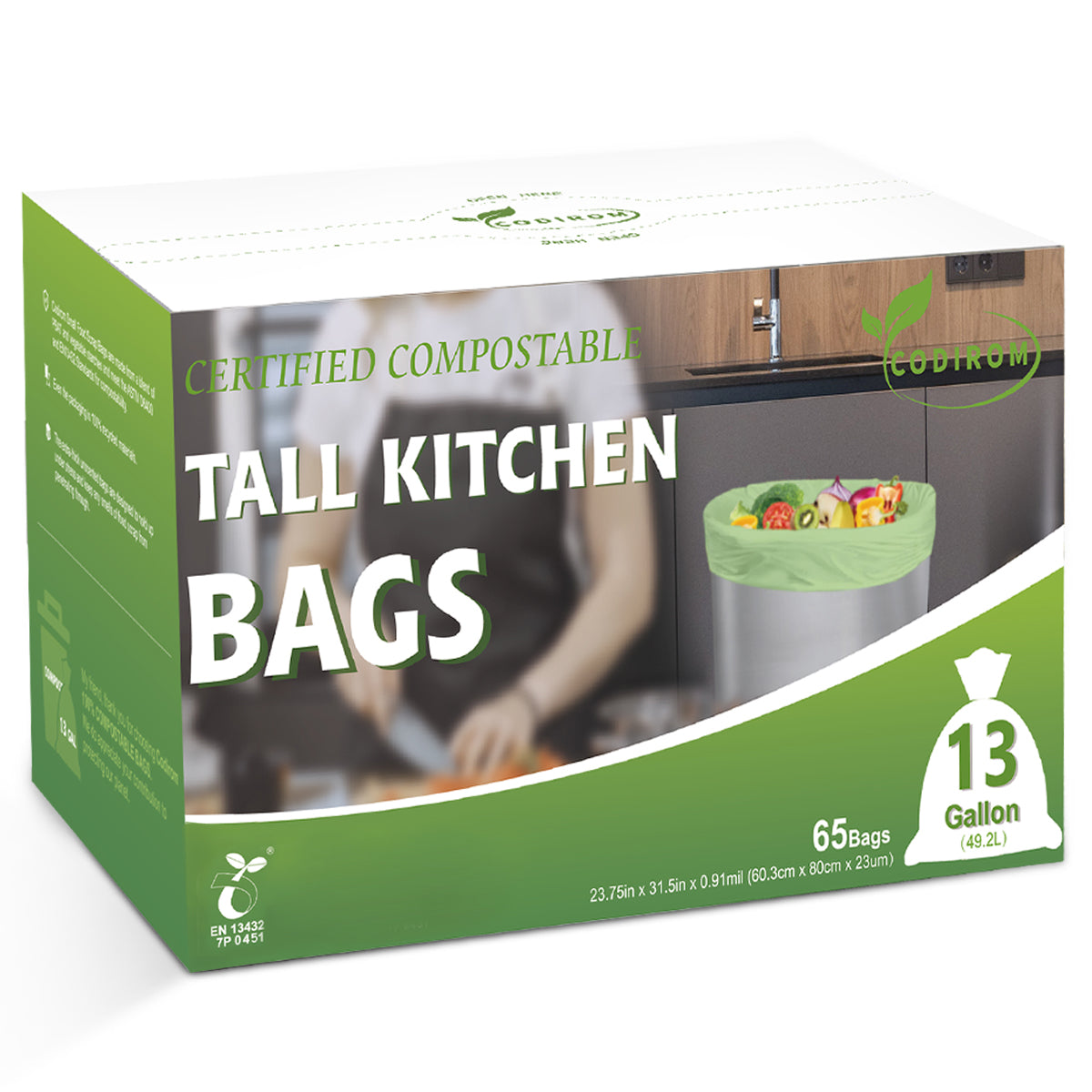 Codirom 100% Compostable Trash Bags, 13 Gallon, 49.2 Liter, 65 Count Kitchen Tall Food Scrap Waste Bags for Tall Kitchen Trash Cans with Europe EN13432 Certified