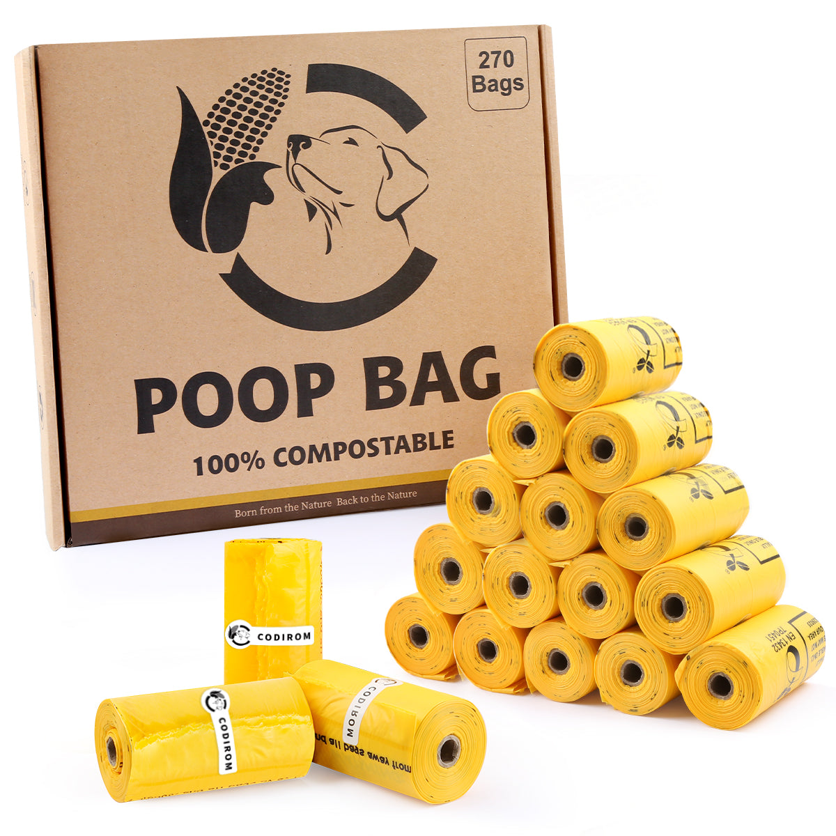Certified Compostable Dog Poop Bags, 270 Count Maize Yellow, 15 Doggy Bags Per Roll (18 rolls)