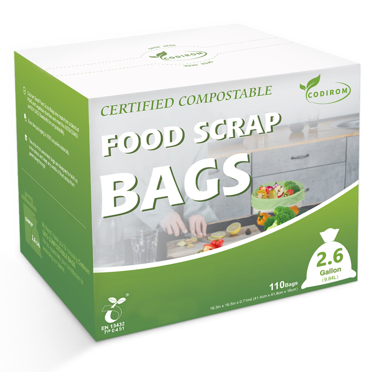 Codirom 100% Compostable Trash Bags, 2.6 Gallon, 9.84 Liter, 110 Count Kitchen Food Scrap Waste Bags for Countertop Bin with Europe EN13432 Certified