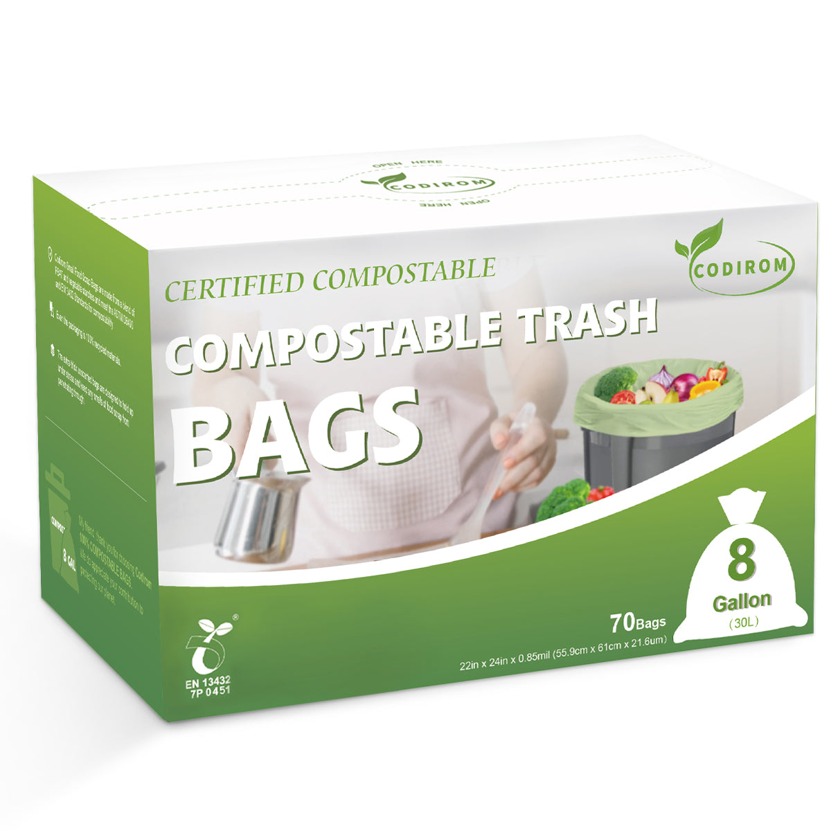 Codirom 100% Compostable Trash Bags, 8 Gallon, 30 Liter, 70 Count Larg