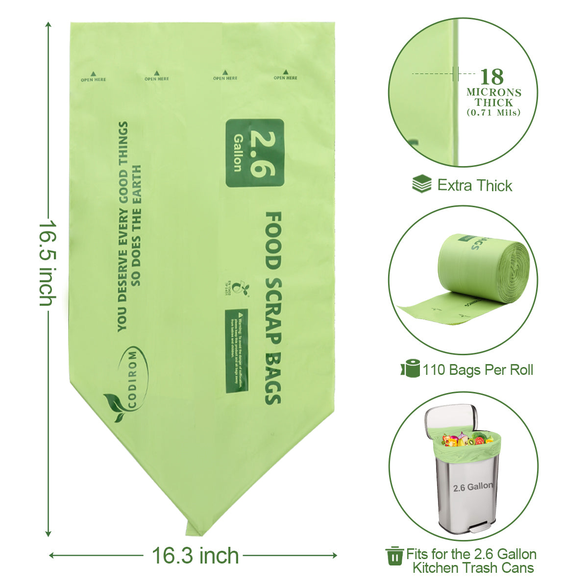 Codirom 100% Compostable Trash Bags, 2.6 Gallon, 9.84 Liter, 110 Count Kitchen Food Scrap Waste Bags for Countertop Bin with Europe EN13432 Certified