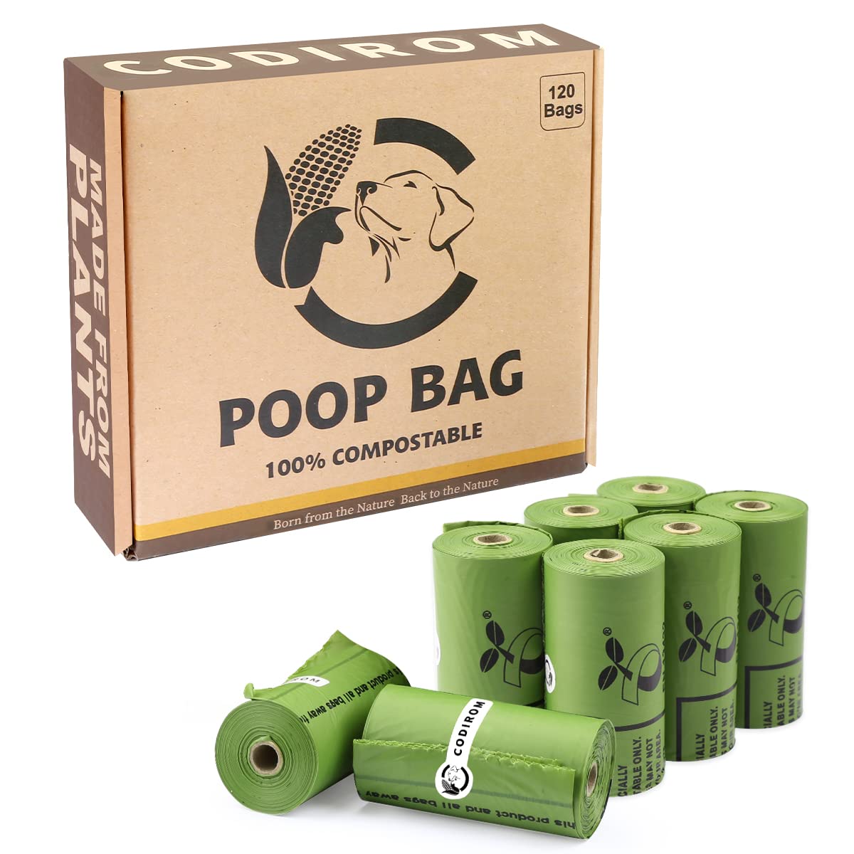 Certified Compostable Poop Bag, 120 Count Forest Green, 15 Doggy Bags Per Roll (8 rolls)