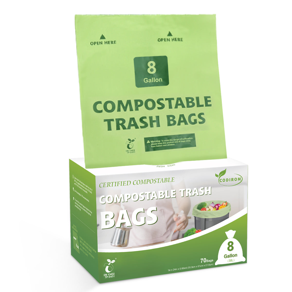 Codirom 100% Compostable Trash Bags, 8 Gallon, 30 Liter, 70 Count Larg