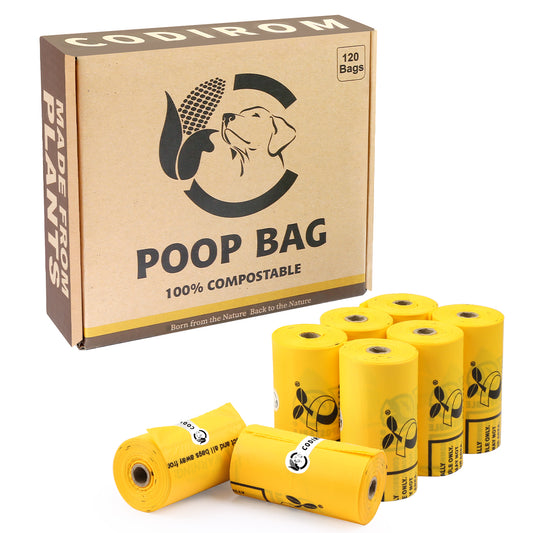 Certified Compostable Dog Poop Bags, 120 Count Maize Yellow, 15 Doggy Bags Per Roll (8 rolls)