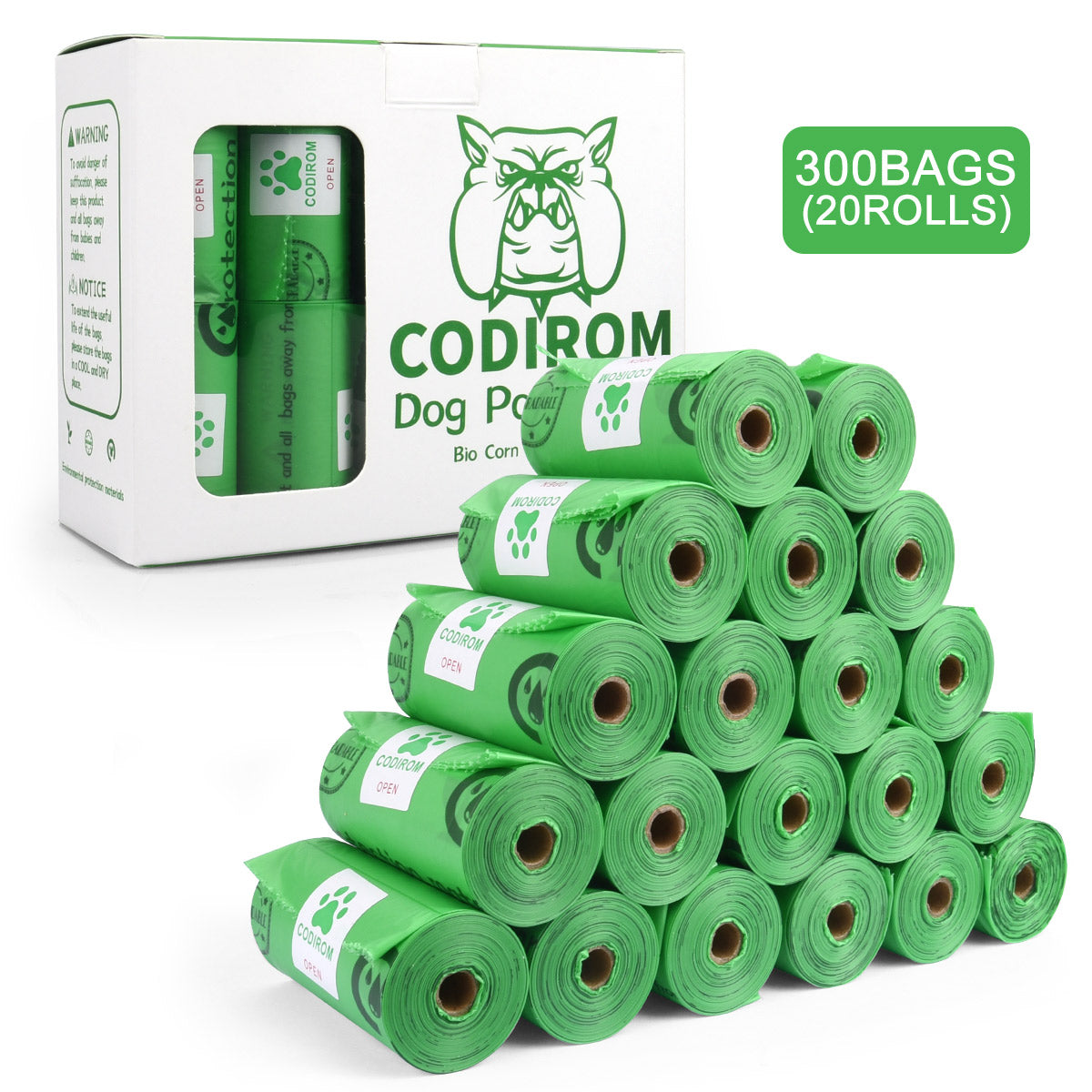 Biodegradable Dog Poop Bags 300 Counts 20 Rolls-GREEN