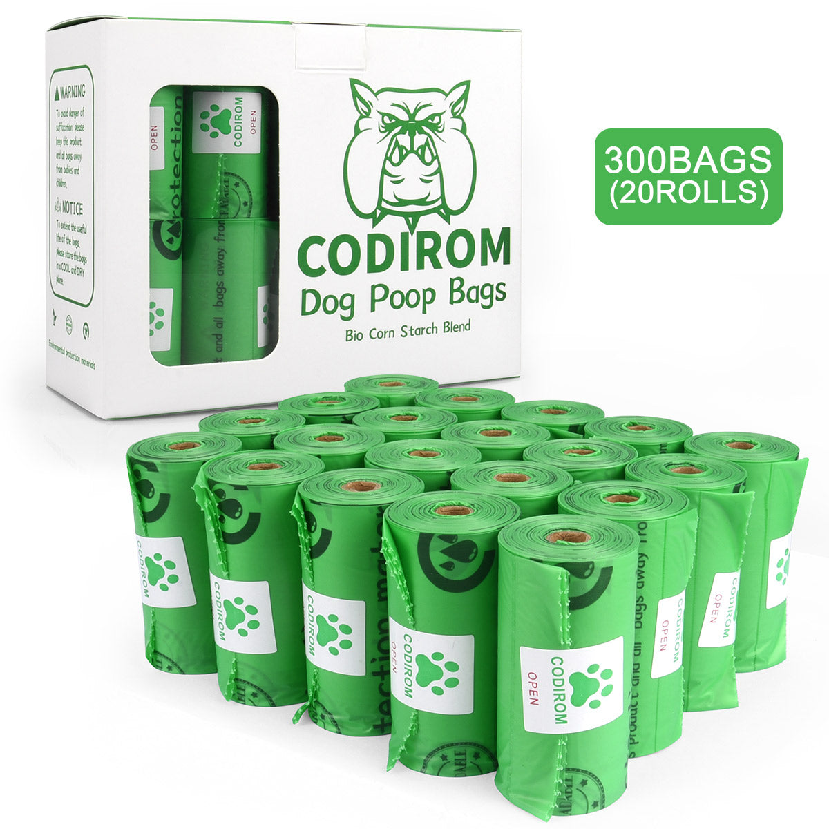 Biodegradable Dog Poop Bags 300 Counts 20 Rolls-GREEN